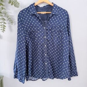 Charter Club Shirt Coastal Grandmother Polka Dot Long Sleeve Button Up Navy XL